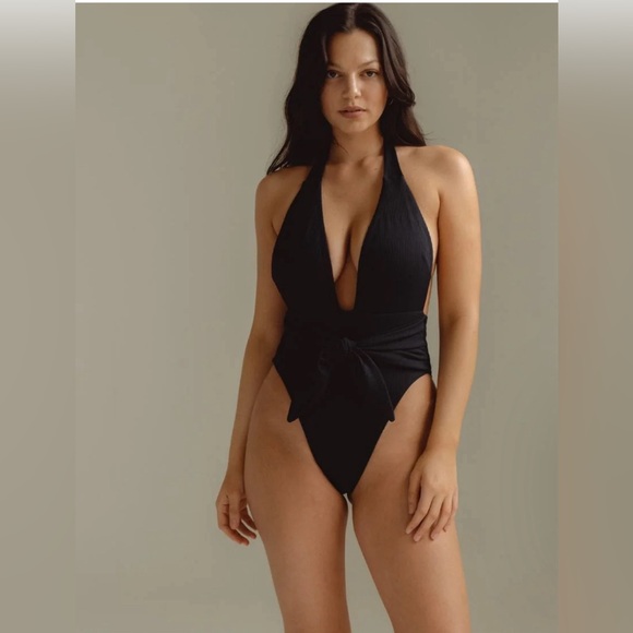 MONTCE Black Rib Tropez Tie-Up One-Piece, Black, Medium , $218 - Picture 3 of 14